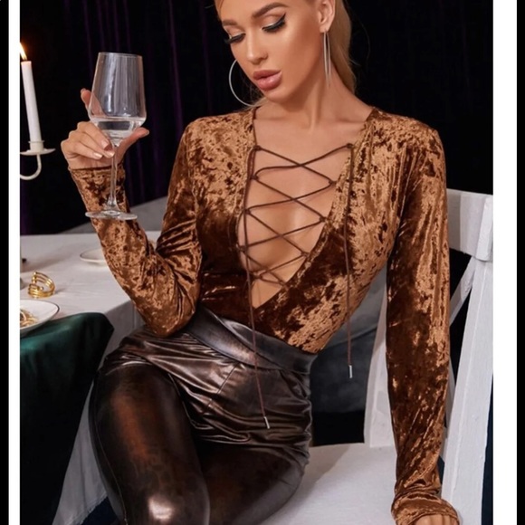 Brown Velvet Lace-Up Front Top - Picture 7 of 11